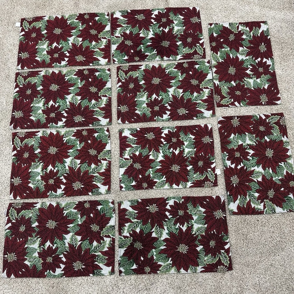 Set / Lot Of 10 Christmas Placemats Tapestry Poinsettias Red Flowers 18.5" x 12"